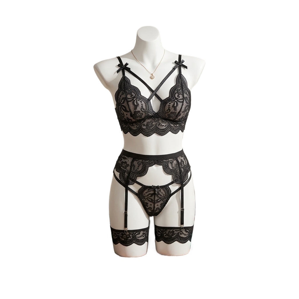 Garter Belt Set - Women's Floral Lace Lingerie Set Strappy