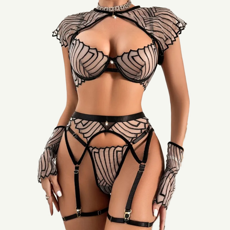 Women's Black Geometric Embroi - Garter Belt Set ulasan dan harga